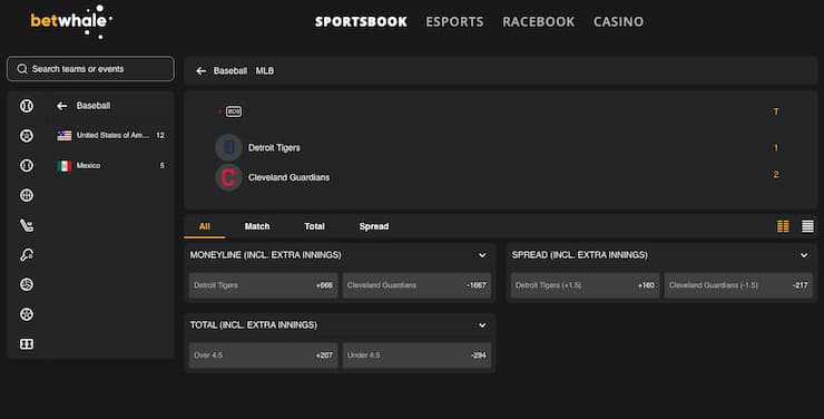 A snapshot of BetWhale, one of our top rated Ohio sports betting sites.